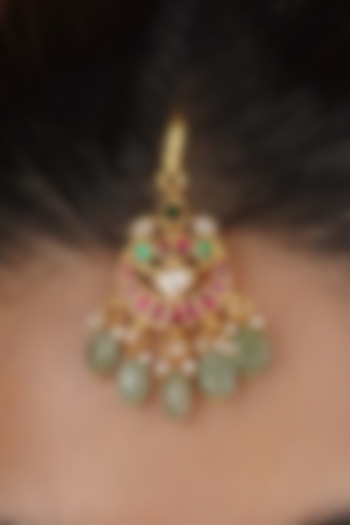 Gold Plated Uncut Polki & Beaded Jadau Maangtikka by Mortantra at Pernia's Pop Up Shop