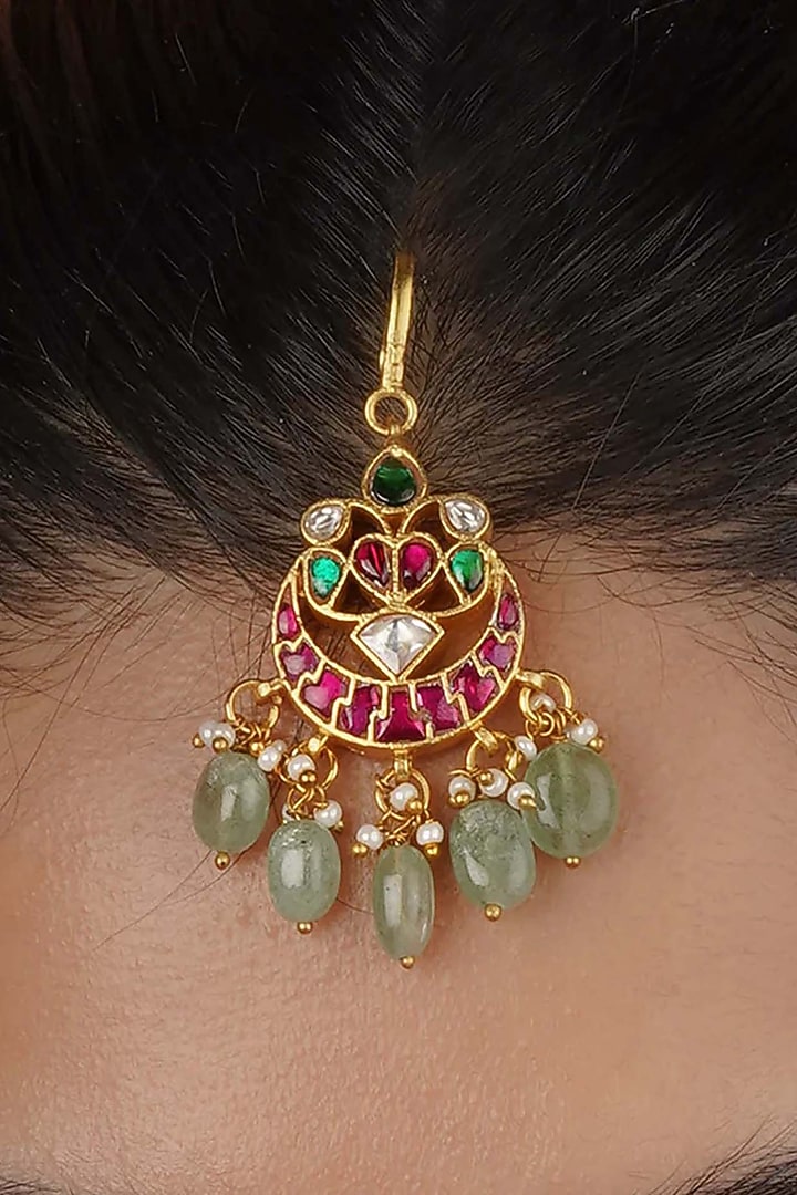Gold Plated Uncut Polki & Beaded Jadau Maangtikka by Mortantra at Pernia's Pop Up Shop