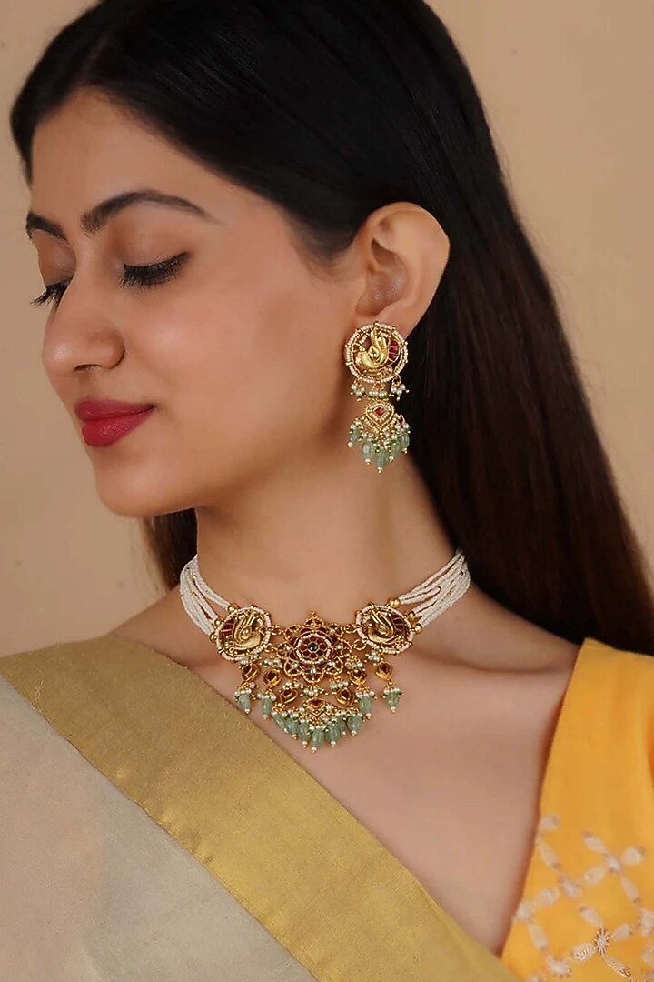 Gold Plated Uncut Polki & Beaded Jadau Choker Necklace Set by Mortantra at Pernia's Pop Up Shop