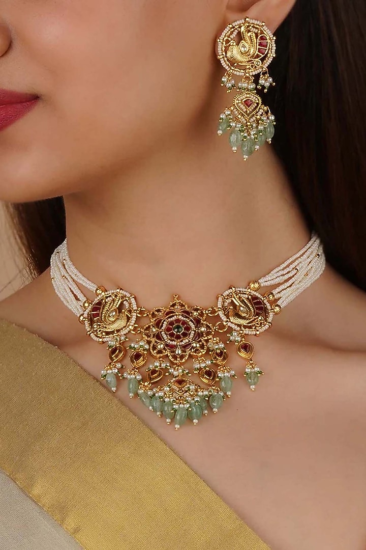 Gold Plated Uncut Polki & Beaded Jadau Choker Necklace Set by Mortantra at Pernia's Pop Up Shop