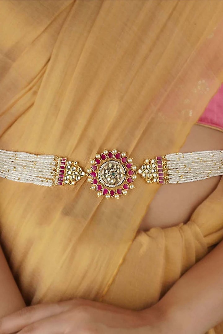 Gold Plated Uncut Polki & Beaded Jadau Waist Belt by Mortantra at Pernia's Pop Up Shop