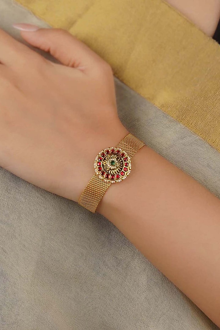 Gold Plated Uncut Polki & Beaded Jadau Bracelet by Mortantra at Pernia's Pop Up Shop