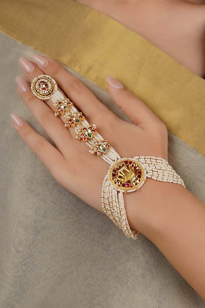 Gold Plated Uncut Polki & Beaded Jadau Haathphool by Mortantra at Pernia's Pop Up Shop