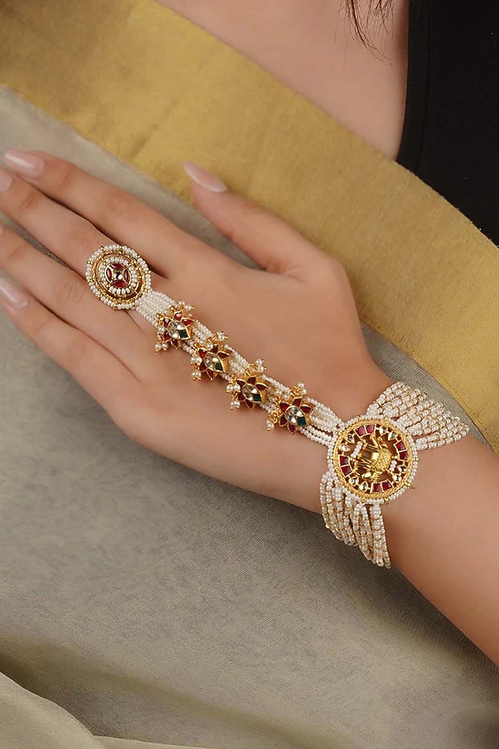 Gold Plated Uncut Polki & Beaded Jadau Haathphool by Mortantra at Pernia's Pop Up Shop