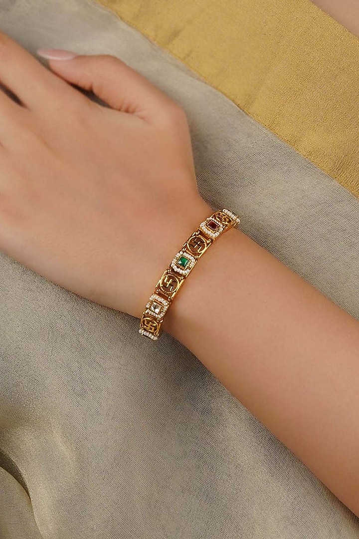 Gold Plated Uncut Polki & Beaded Jadau Bracelet by Mortantra at Pernia's Pop Up Shop