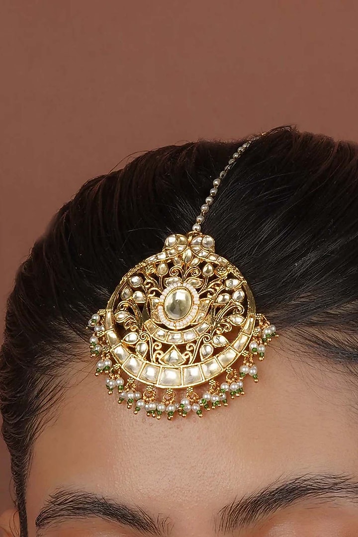 Gold Plated Uncut Polki & Beaded Jadau Maangtikka by Mortantra at Pernia's Pop Up Shop