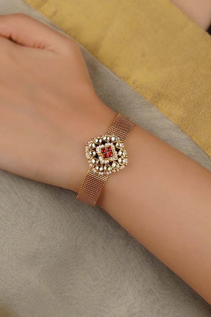 Gold Plated Uncut Polki & Beaded Jadau Bracelet by Mortantra at Pernia's Pop Up Shop