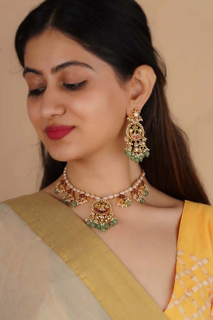 Gold Plated Uncut Polki & Beaded Jadau Choker Necklace Set by Mortantra at Pernia's Pop Up Shop