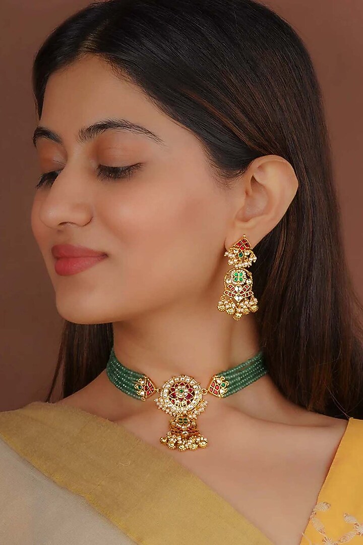 Gold Plated Uncut Polki & Beaded Jadau Choker Necklace Set by Mortantra at Pernia's Pop Up Shop