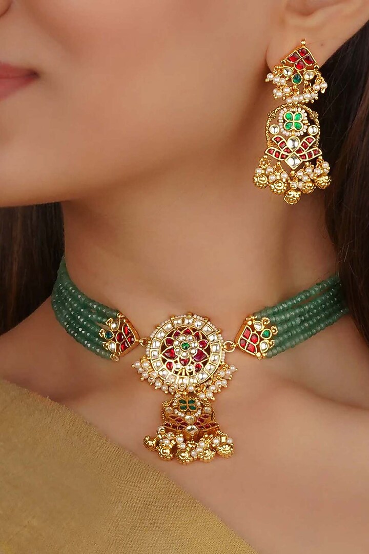 Gold Plated Uncut Polki & Beaded Jadau Choker Necklace Set by Mortantra at Pernia's Pop Up Shop