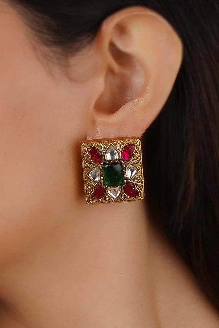 Gold Plated Uncut Polki & Beaded Jadau Stud Earrings by Mortantra at Pernia's Pop Up Shop