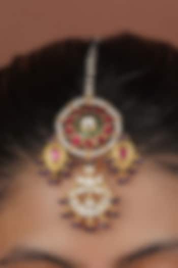 Gold Plated Uncut Polki & Beaded Jadau Maangtikka by Mortantra at Pernia's Pop Up Shop