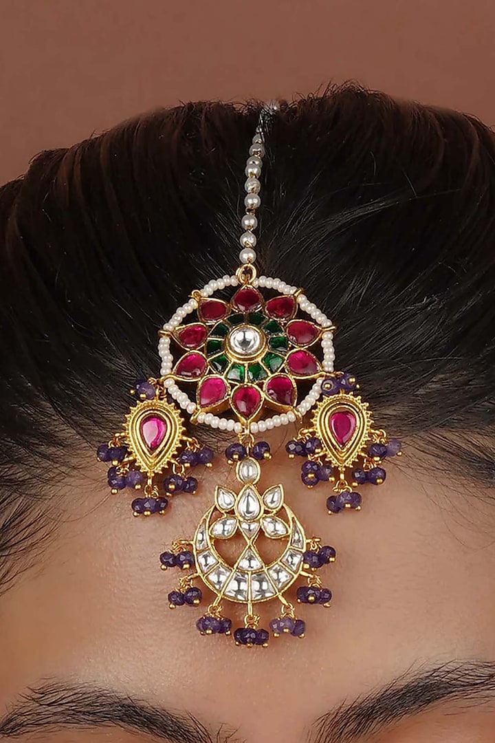 Gold Plated Uncut Polki & Beaded Jadau Maangtikka by Mortantra at Pernia's Pop Up Shop