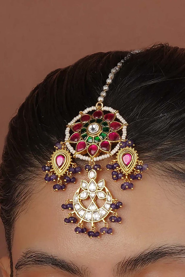 Gold Plated Uncut Polki & Beaded Jadau Maangtikka by Mortantra at Pernia's Pop Up Shop