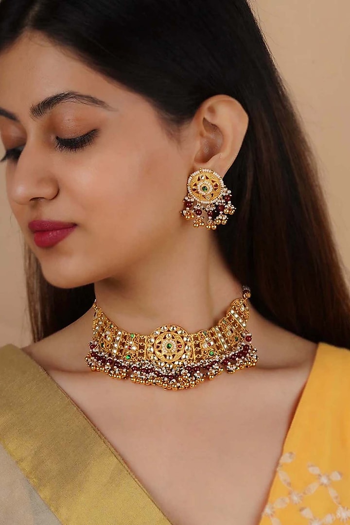 Gold Plated Uncut Polki & Beaded Jadau Choker Necklace Set by Mortantra at Pernia's Pop Up Shop