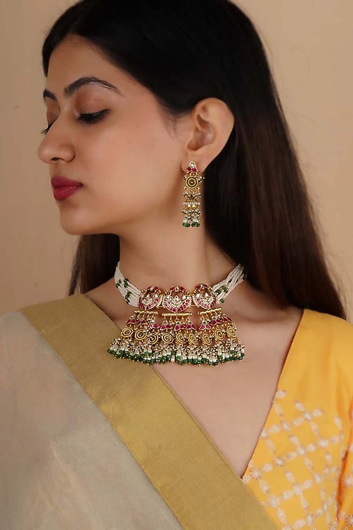 Gold Plated Uncut Polki & Beaded Jadau Choker Necklace Set by Mortantra at Pernia's Pop Up Shop