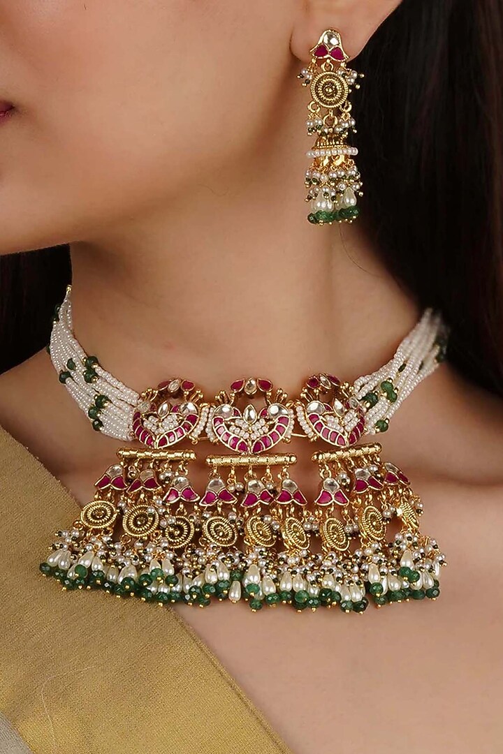 Gold Plated Uncut Polki & Beaded Jadau Choker Necklace Set by Mortantra at Pernia's Pop Up Shop