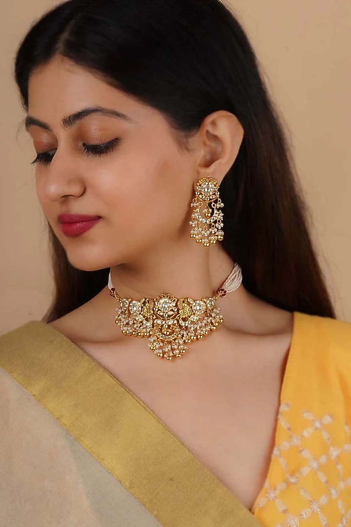 Gold Plated Uncut Polki & Beaded Jadau Choker Necklace Set by Mortantra at Pernia's Pop Up Shop