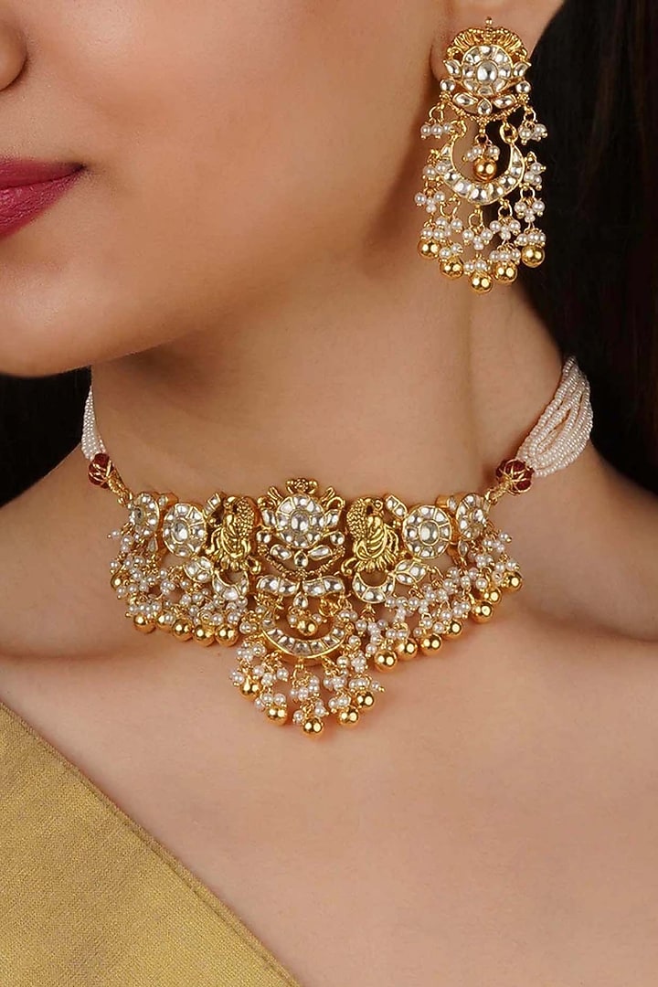 Gold Plated Uncut Polki & Beaded Jadau Choker Necklace Set by Mortantra at Pernia's Pop Up Shop