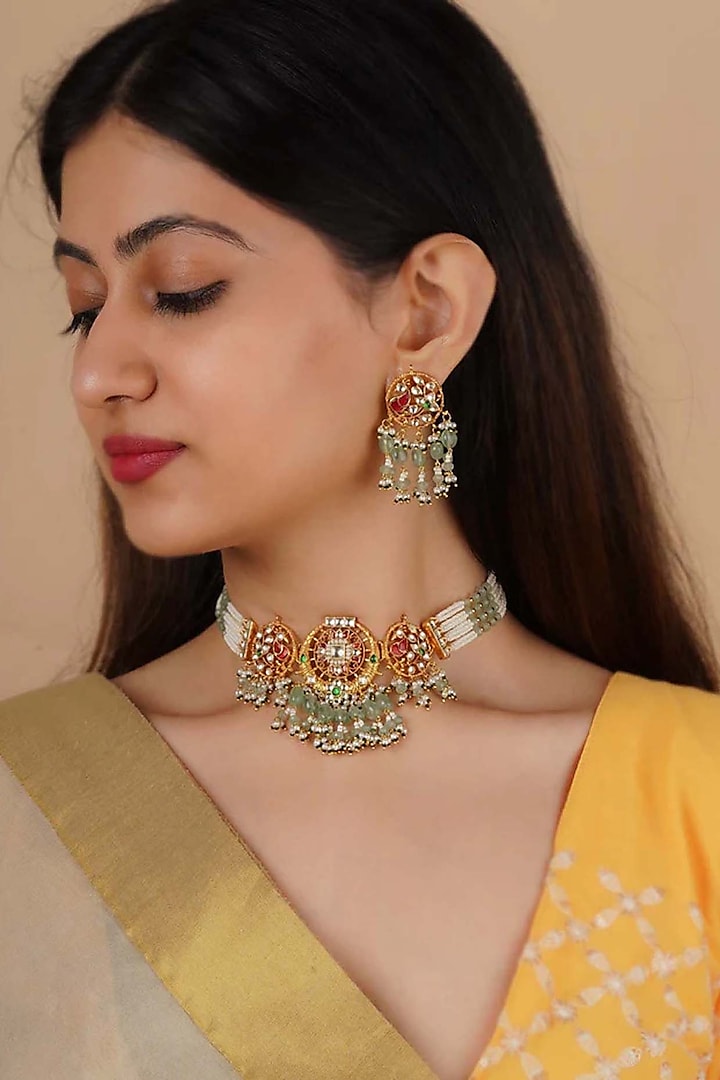 Gold Plated Uncut Polki & Beaded Jadau Choker Necklace Set by Mortantra at Pernia's Pop Up Shop