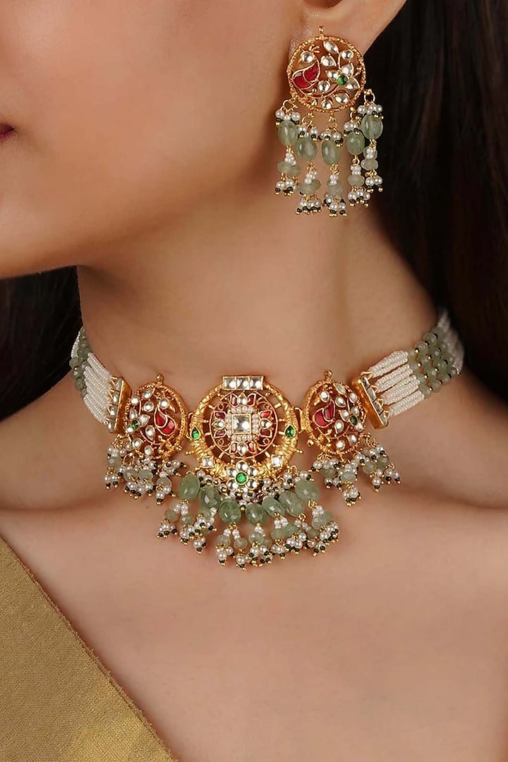 Gold Plated Uncut Polki & Beaded Jadau Choker Necklace Set by Mortantra at Pernia's Pop Up Shop