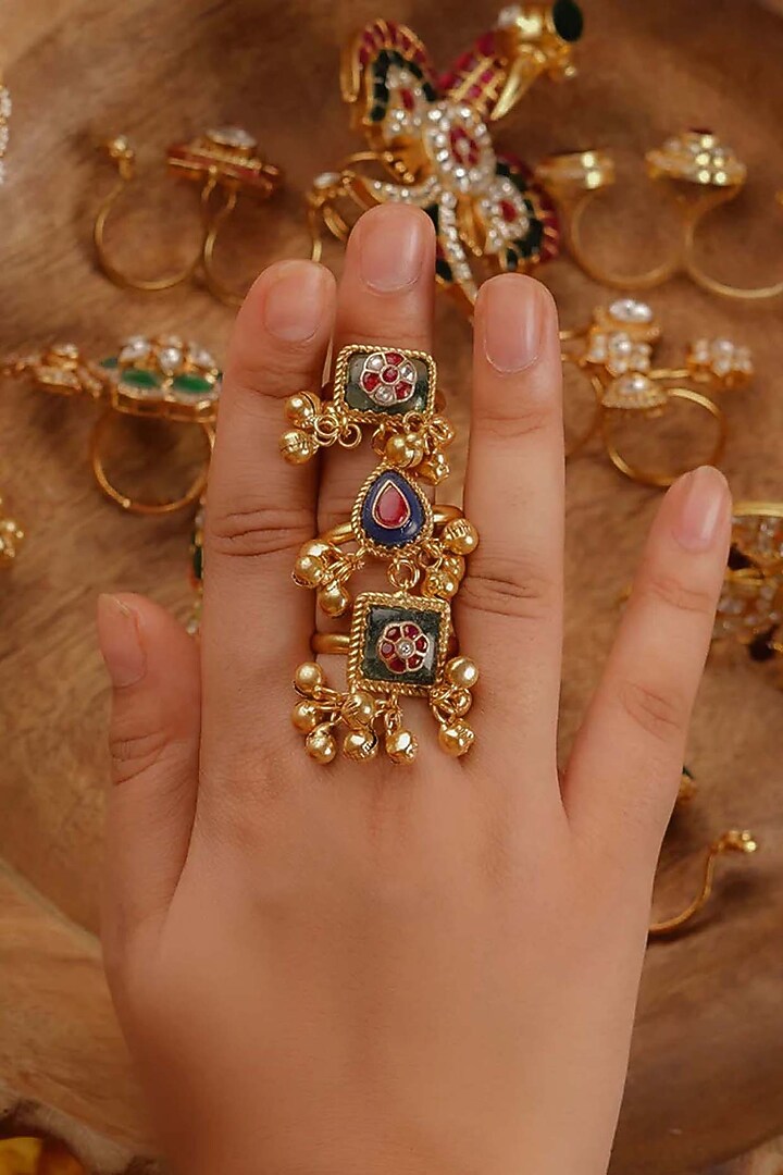 Gold Plated Uncut Polki & Beaded Jadau Ring by Mortantra at Pernia's Pop Up Shop