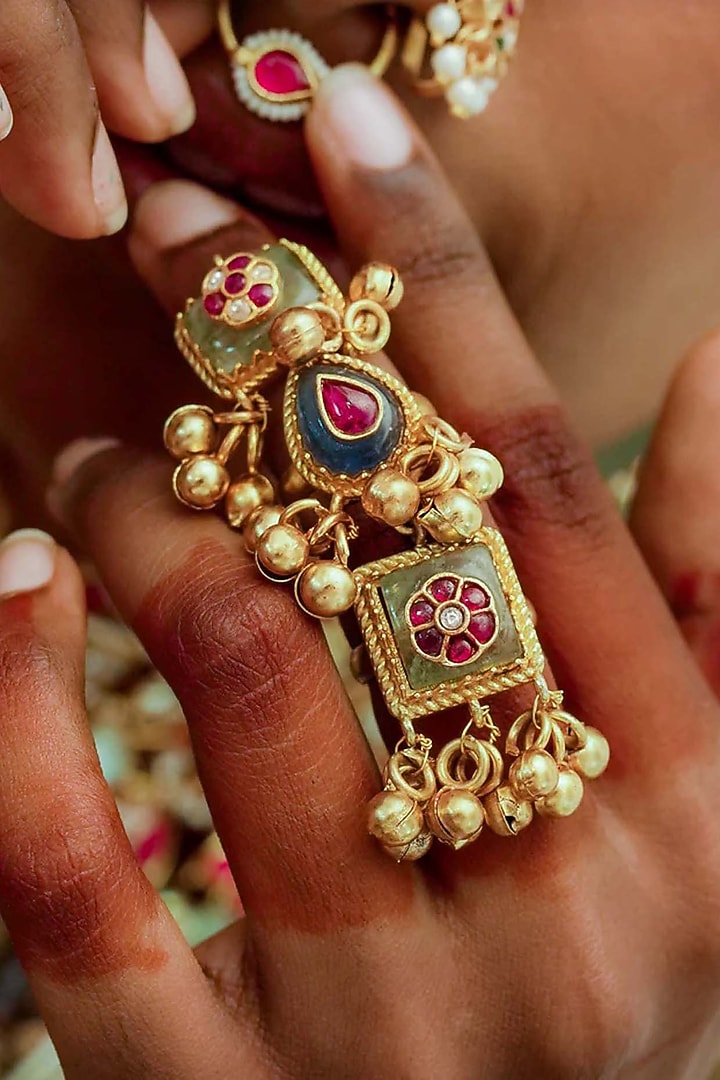Gold Plated Uncut Polki & Beaded Jadau Ring by Mortantra at Pernia's Pop Up Shop