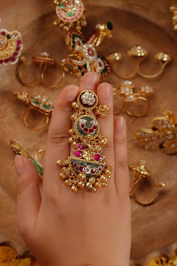 Gold Plated Uncut Polki & Beaded Jadau Ring by Mortantra at Pernia's Pop Up Shop