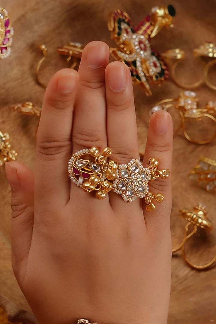 Gold Plated Uncut Polki & Beaded Jadau Ring by Mortantra at Pernia's Pop Up Shop