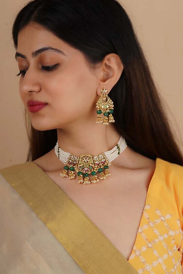 Gold Plated Uncut Polki & Beaded Jadau Choker Necklace Set by Mortantra at Pernia's Pop Up Shop