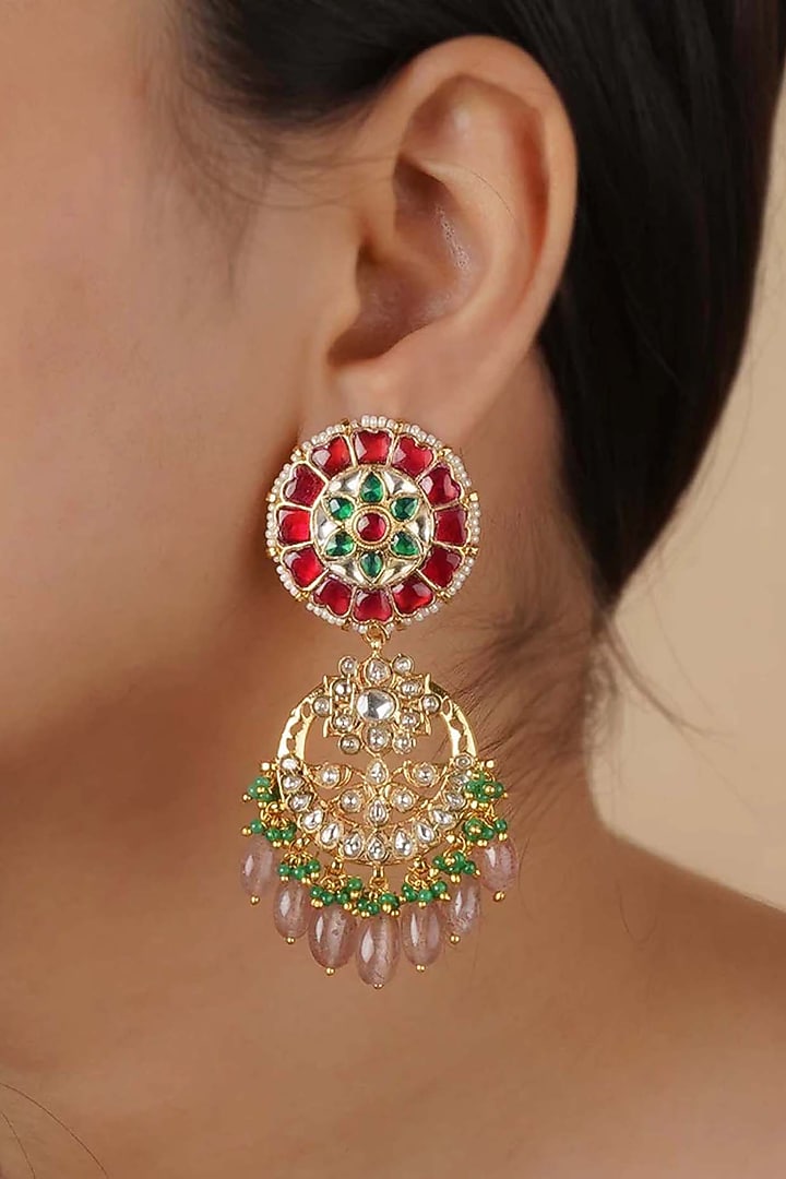 Gold Plated Uncut Polki & Beaded Jadau Dangler Earrings by Mortantra at Pernia's Pop Up Shop