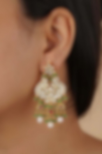 Gold Plated Uncut Polki & Beaded Jadau Dangler Earrings by Mortantra at Pernia's Pop Up Shop