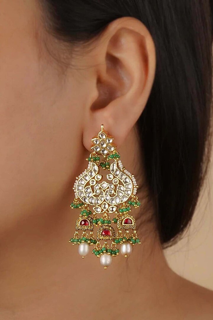 Gold Plated Uncut Polki & Beaded Jadau Dangler Earrings by Mortantra at Pernia's Pop Up Shop