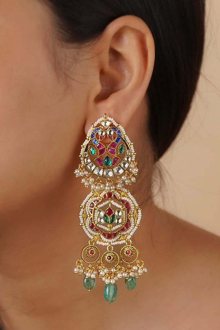 Gold Plated Uncut Polki & Beaded Jadau Dangler Earrings by Mortantra at Pernia's Pop Up Shop