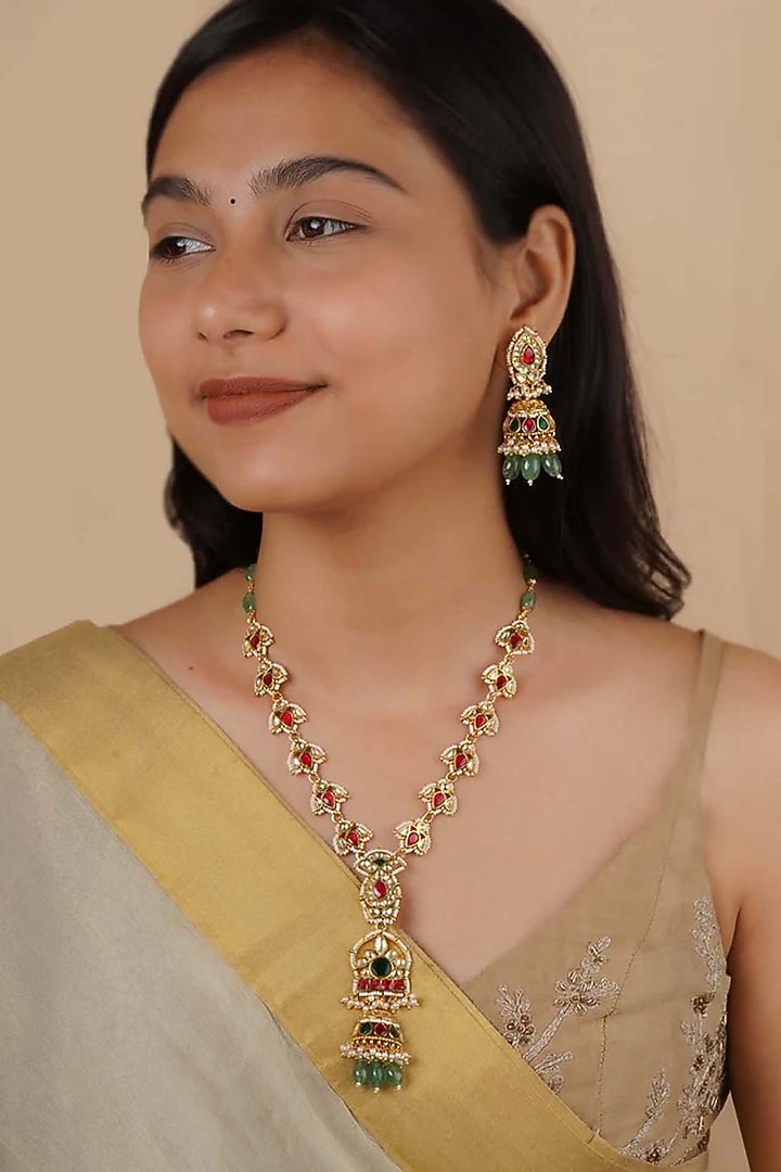 Gold Plated Uncut Polki & Beaded Jadau Long Necklace Set by Mortantra at Pernia's Pop Up Shop