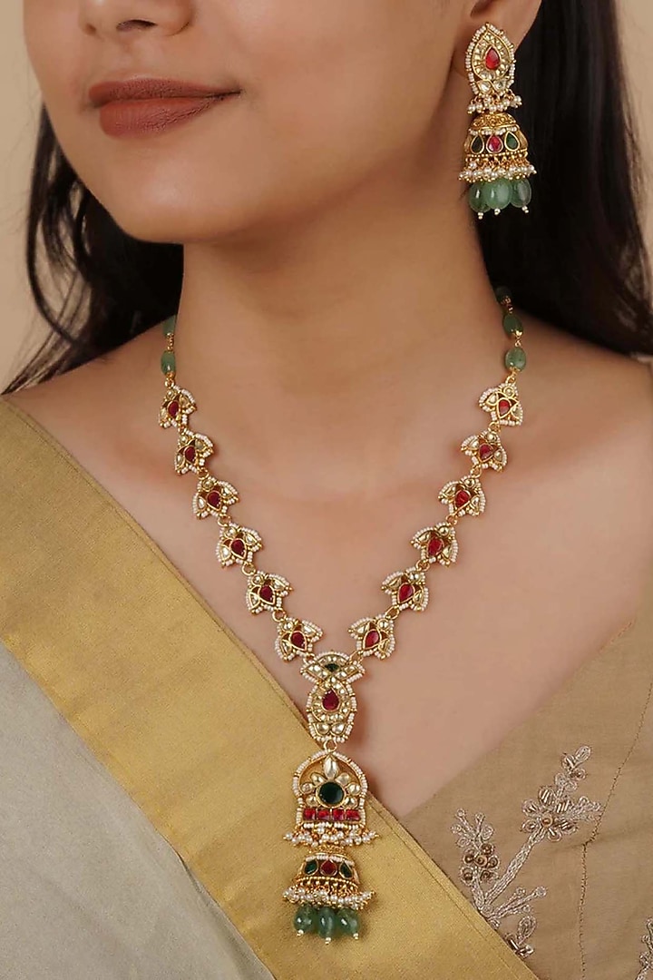 Gold Plated Uncut Polki & Beaded Jadau Long Necklace Set by Mortantra at Pernia's Pop Up Shop