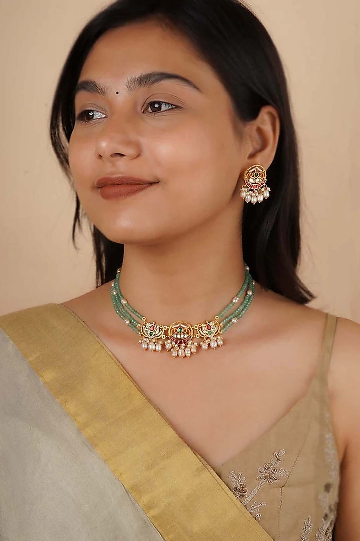 Gold Plated Uncut Polki & Beaded Jadau Choker Necklace Set by Mortantra at Pernia's Pop Up Shop