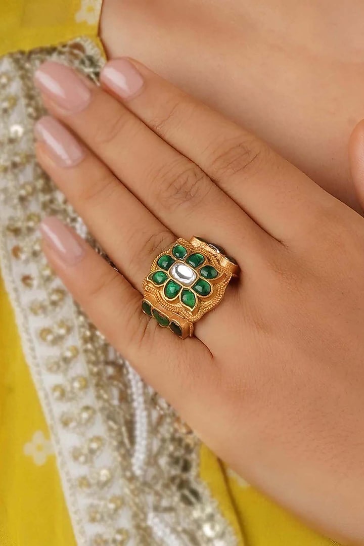 Gold Finish Jadau Kundan Polki Ring by Mortantra at Pernia's Pop Up Shop