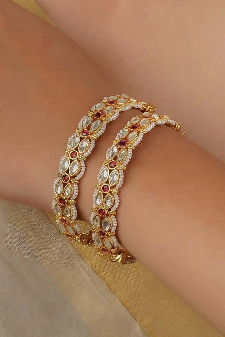 Gold Plated Uncut Polki & Beaded Jadau Bangles (Set Of 2) by Mortantra at Pernia's Pop Up Shop