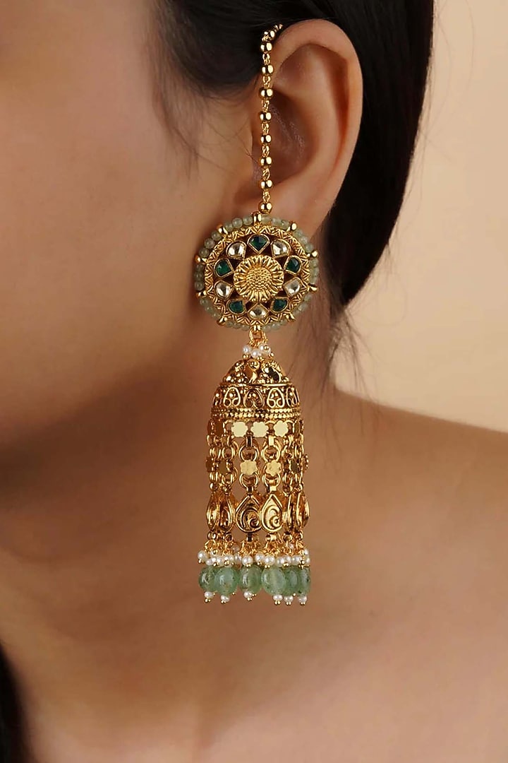 Gold Plated Uncut Polki & Beaded Jadau Dangler Earrings by Mortantra at Pernia's Pop Up Shop