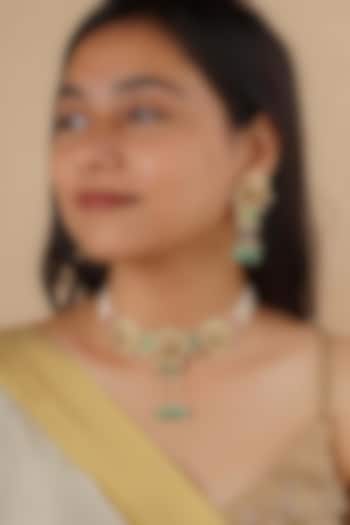 Gold Plated Uncut Polki & Beaded Jadau Choker Necklace Set by Mortantra at Pernia's Pop Up Shop