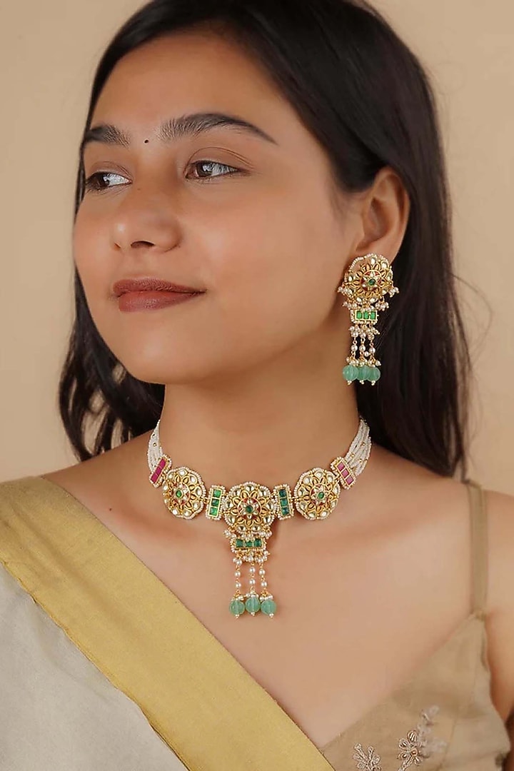Gold Plated Uncut Polki & Beaded Jadau Choker Necklace Set by Mortantra at Pernia's Pop Up Shop