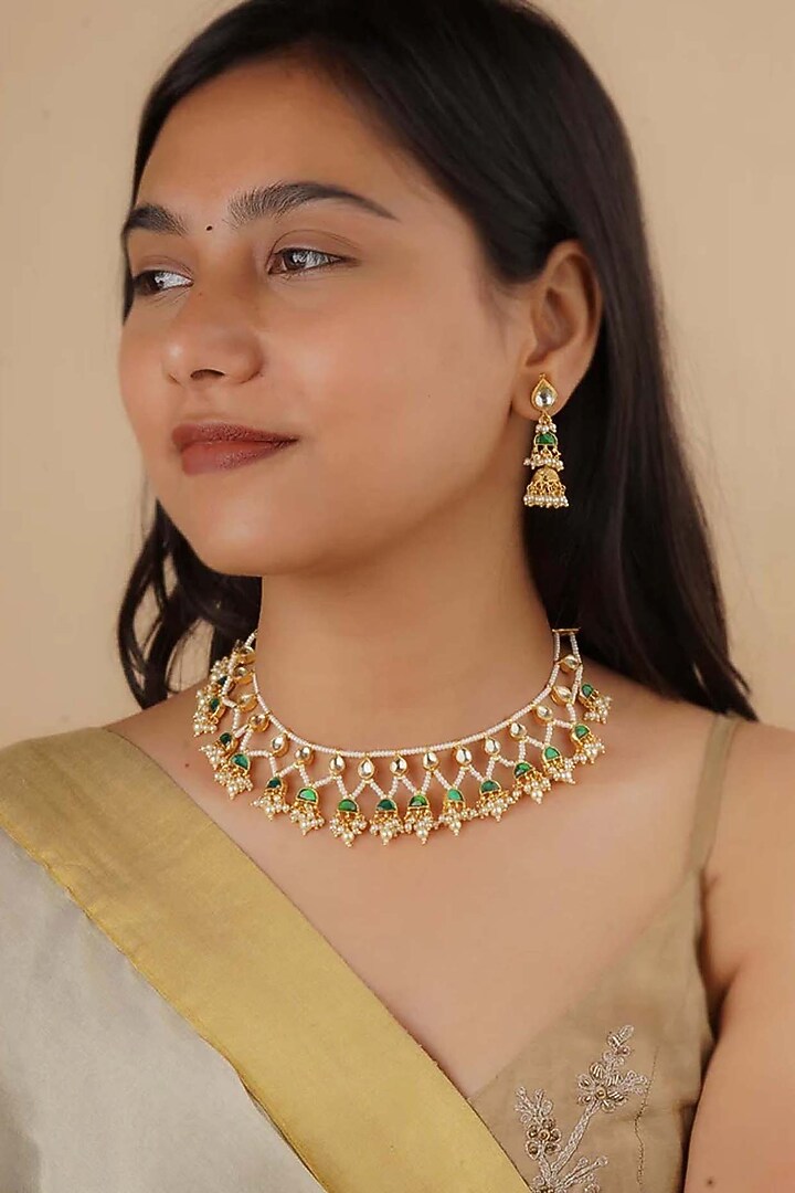 Gold Plated Uncut Polki & Beaded Jadau Choker Necklace Set by Mortantra at Pernia's Pop Up Shop