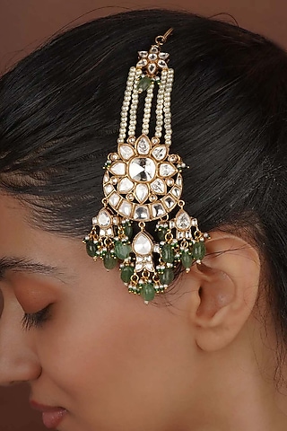 Gold Plated Uncut Polki & Beaded Jadau Passa by Mortantra