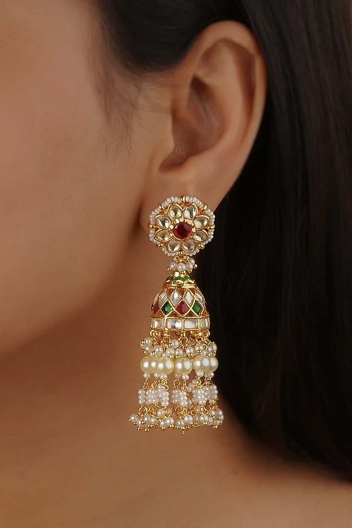Gold Plated Uncut Polki & Beaded Jadau Jhumka Earrings by Mortantra at Pernia's Pop Up Shop