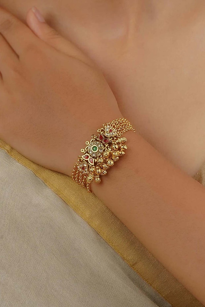 Gold Plated Uncut Polki & Beaded Jadau Bracelet by Mortantra at Pernia's Pop Up Shop