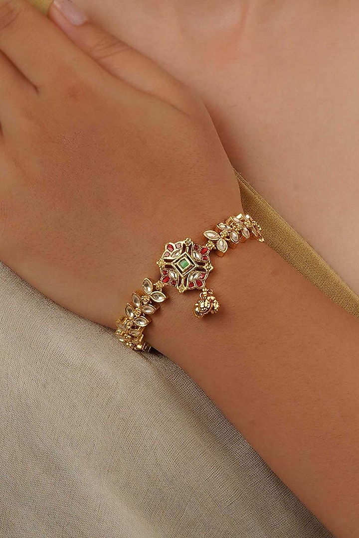 Gold Plated Uncut Polki & Beaded Jadau Bracelet by Mortantra at Pernia's Pop Up Shop