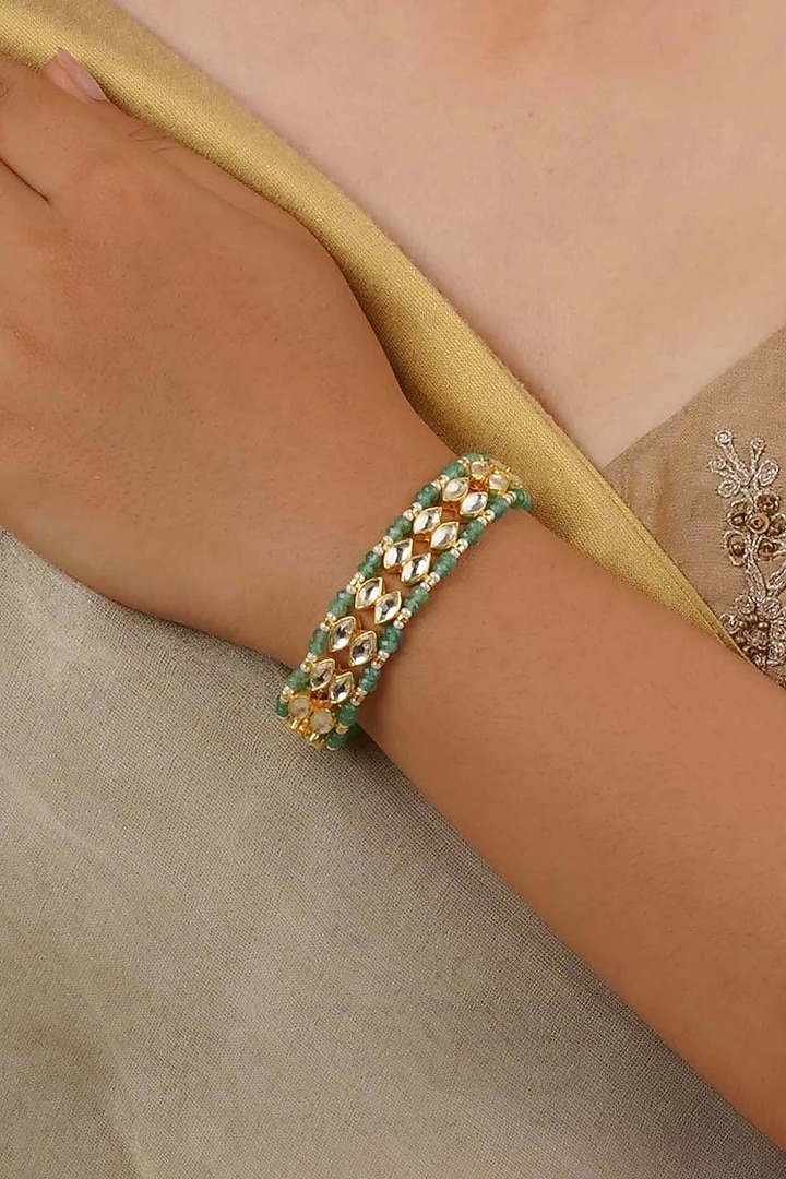 Gold Plated Uncut Polki & Beaded Jadau Bracelet by Mortantra at Pernia's Pop Up Shop