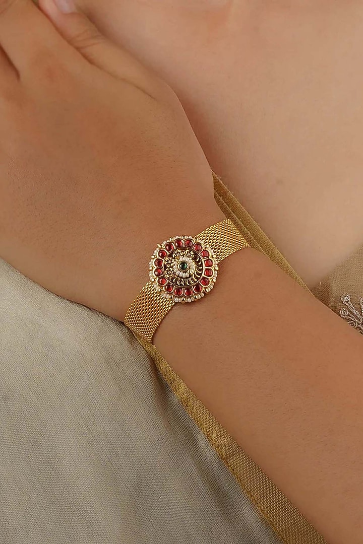 Gold Plated Uncut Polki & Beaded Jadau Bracelet by Mortantra at Pernia's Pop Up Shop