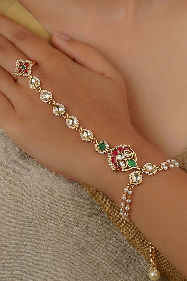 Gold Plated Uncut Polki & Beaded Jadau Haathphool by Mortantra at Pernia's Pop Up Shop